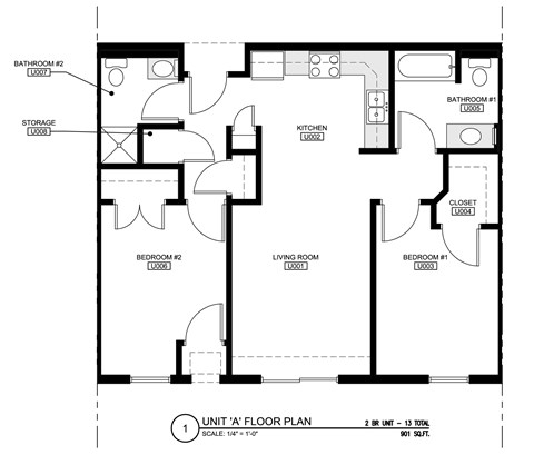 Floor plan for 2 beds, 2 baths, 901 sqft